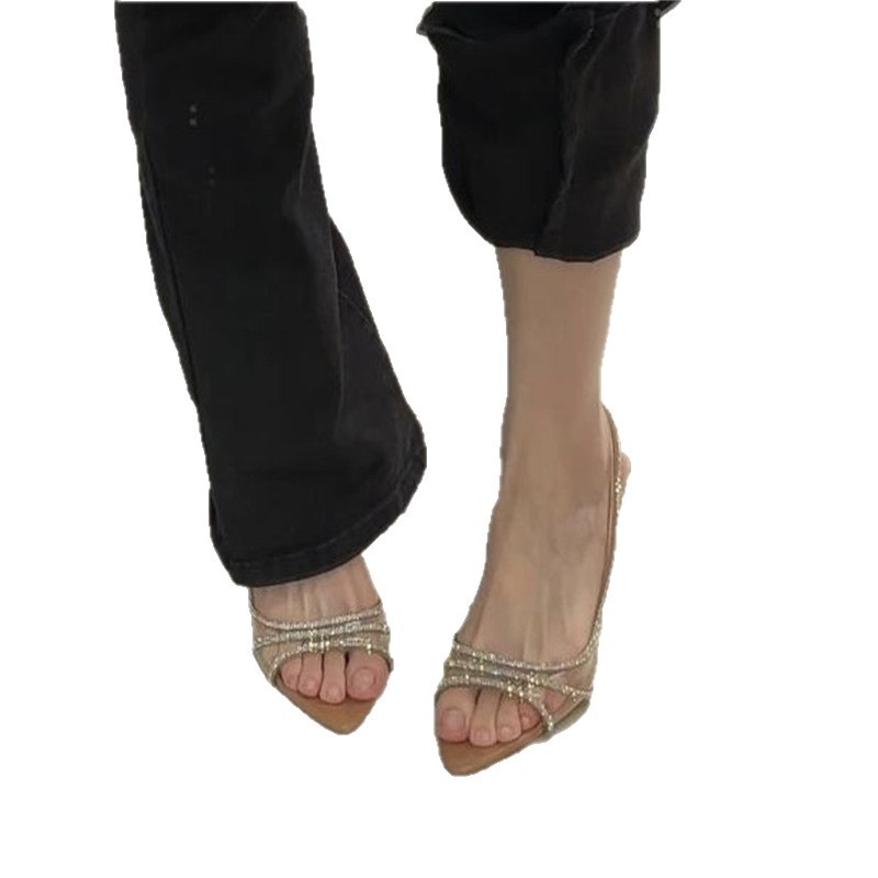 Sandale cu toc înalt din piele moale cu strasuri, stil nou, 2025, sandale de vară pentru femei, versatile, transparente, stiletto, cu toc înalt, cu vârful ascuțit