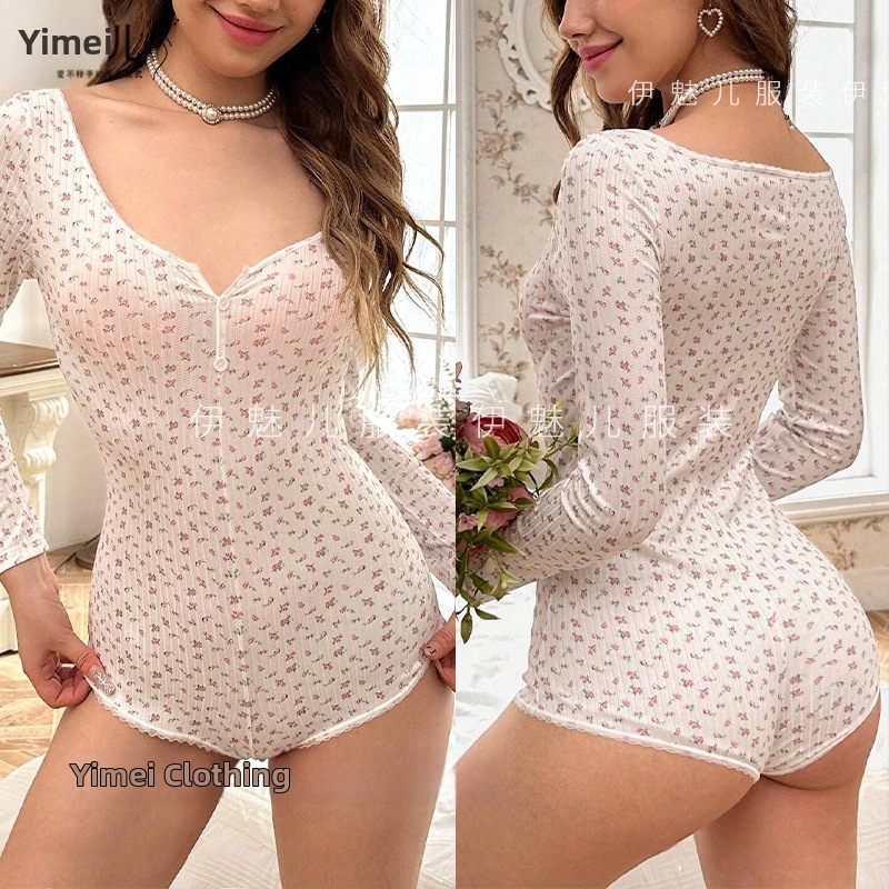 Čista želja, djevojački stil, seksi cvjetni uski kombinezon s V izrezom za žene, ljeto 2025., europski i američki dizajn s čipkastim rubom, slatki