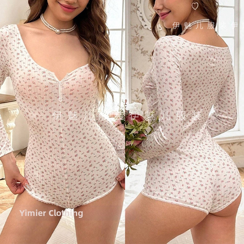 Čista želja, djevojački stil, seksi cvjetni uski kombinezon s V izrezom za žene, ljeto 2025., europski i američki dizajn s čipkastim rubom, slatki