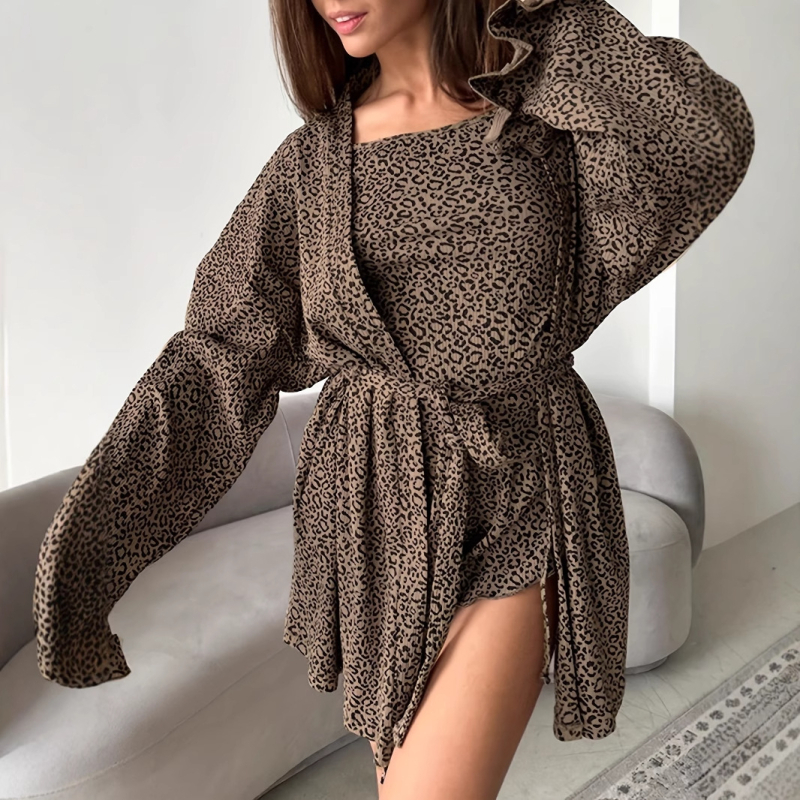 Amazon Aliexpress Prekogranični novi pleteni jakni s leopard printom i prugastim volanima, set od tri dijela s tregerima