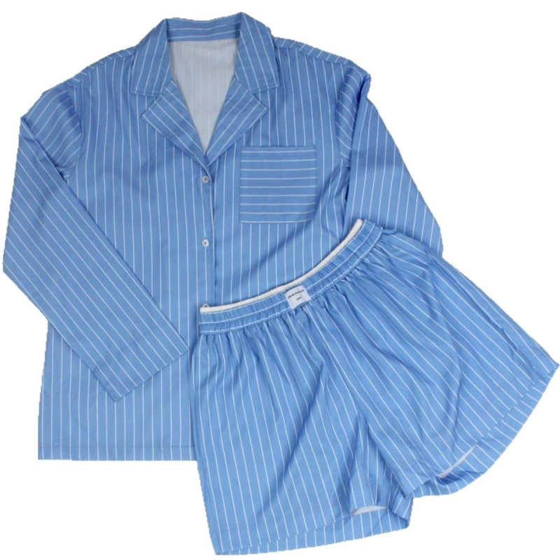 Haine de casă în stil nou pentru femei, cămașă cu dungi albastre și albe, pantaloni scurți cu mânecă lungă, din două piese, ținută casual lejeră pentru casă