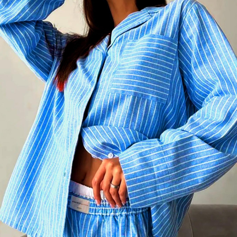 Haine de casă în stil nou pentru femei, cămașă cu dungi albastre și albe, pantaloni scurți cu mânecă lungă, din două piese, ținută casual lejeră pentru casă
