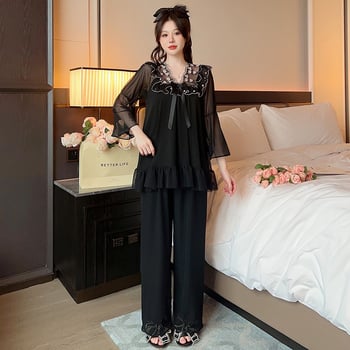 2024 Novi stil pidžame za žene dugih rukava s mrežicom na prsima, luksuzno lagano luksuzno crno-bijelo odijelo s ružičastim jastučićima za kućnu odjeću