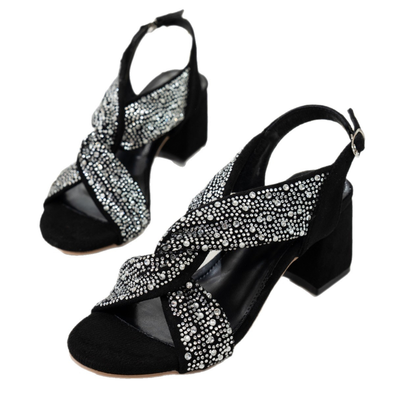 Sandale cu toc înalt și cristale, cu diamante, cu vârf pătrat, pentru petreceri de nuntă nigeriene, cu toc gros