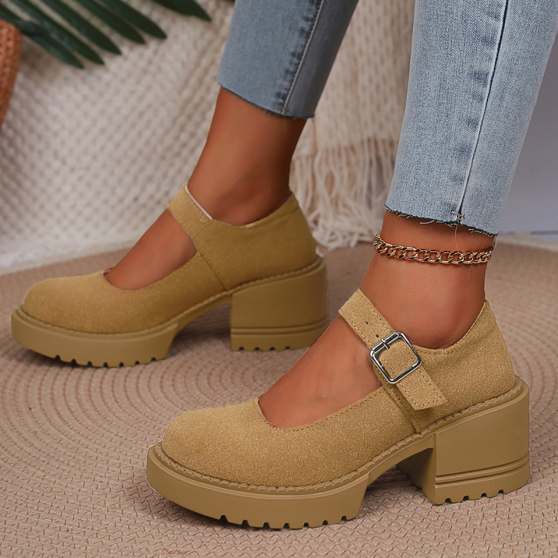 Prekogranične britanske cipele s debelim podom i srednjom petom, jednoslojne za proljeće 2025., nove vanjske mokasine s debelom petom i plitkom kopčom za žene
