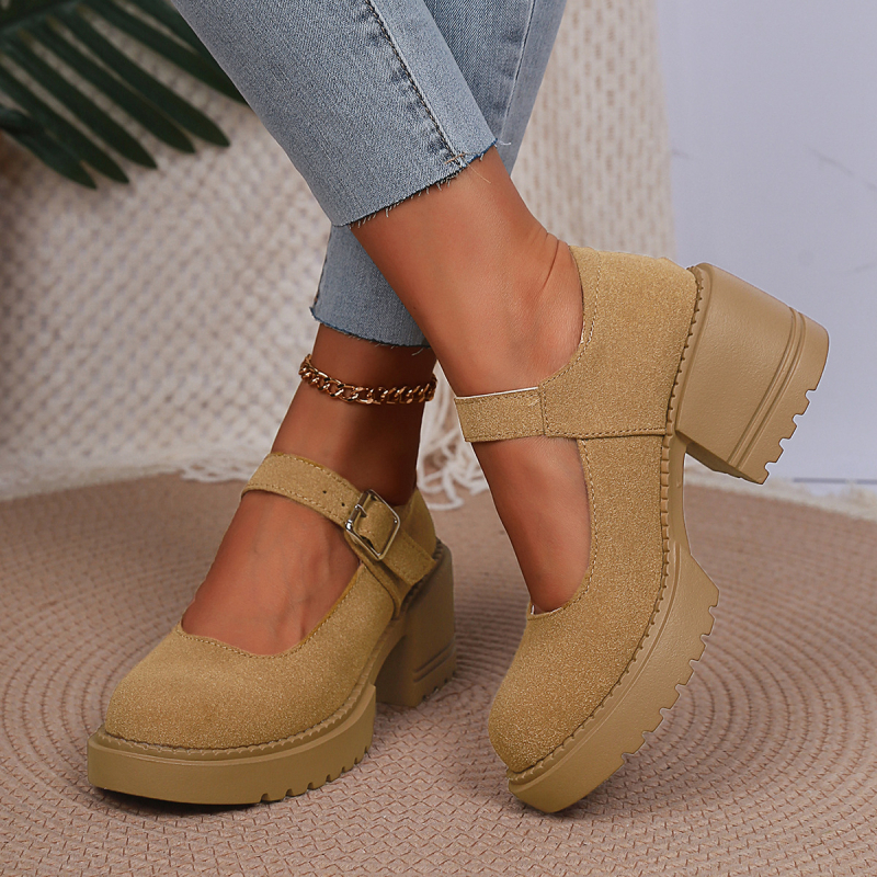 Prekogranične britanske cipele s debelim podom i srednjom petom, jednoslojne za proljeće 2025., nove vanjske mokasine s debelom petom i plitkom kopčom za žene