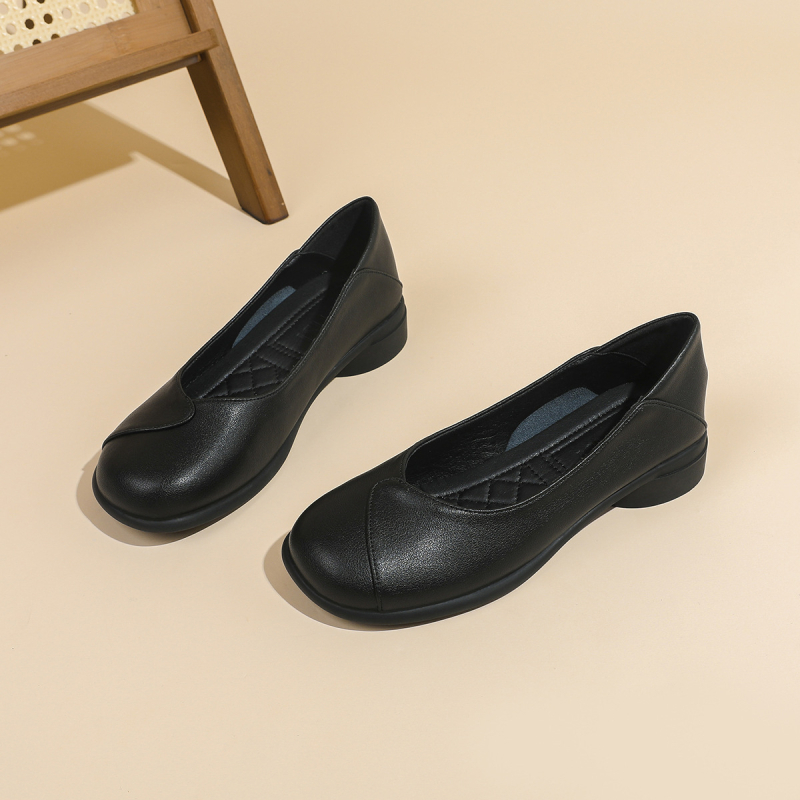 Juodi darbo batai moterims, ilgaamžiai, minkštu padu, apvalia galva, žemi kulniukai, storu padu, moteriški, žema burna, plokščiapadžiai, patogūs profesionalūs moteriški batai