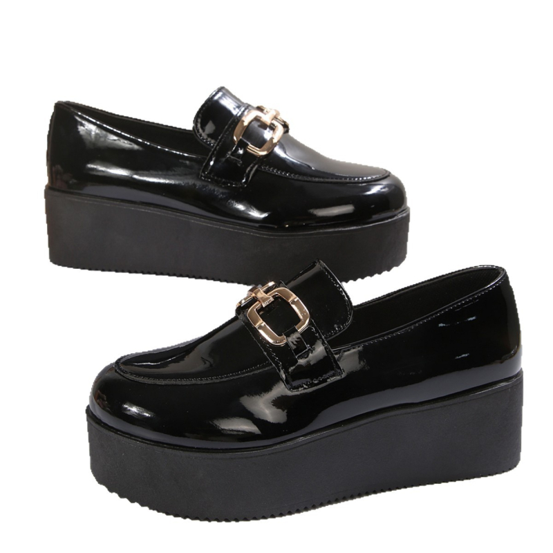 Pantofi sport cu vârf ascuțit din piele lucioasă pentru femei 2025 Pantofi sport versatile de primăvară pentru femei, pantofi cu platformă și talpă groasă, negri