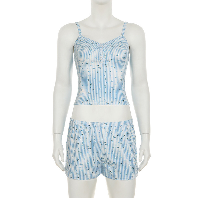 Vara 2025, nou, proaspăt și confortabil, în carouri cu imprimeu contrastant, cu un singur rând de nasturi, cu bretele, set de două piese