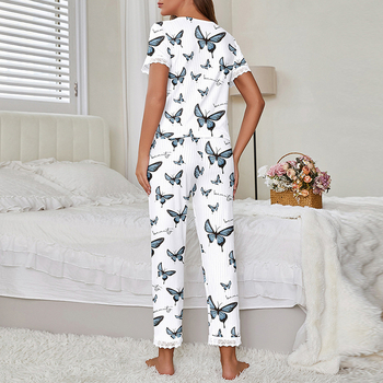 Γυναικεία πιτζάμα με κοντό μανίκι, τυπωμένο, ριμπ ύφανση, δαντέλα, casual, ευρωπαϊκή και αμερικανική ένδυση για το σπίτι