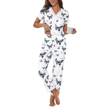 Γυναικεία πιτζάμα με κοντό μανίκι, τυπωμένο, ριμπ ύφανση, δαντέλα, casual, ευρωπαϊκή και αμερικανική ένδυση για το σπίτι