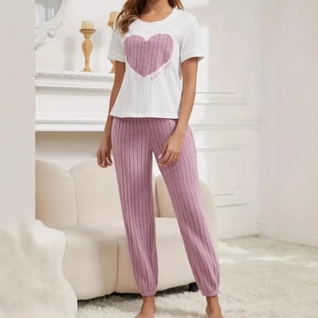 2024 Explozii Amazon transfrontaliere Haine de casă pentru femei Pantaloni cu imprimeu Love Costum casual cu volane Îmbrăcăminte exterioară