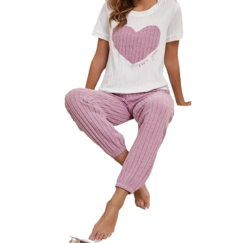 2024 Explozii Amazon transfrontaliere Haine de casă pentru femei Pantaloni cu imprimeu Love Costum casual cu volane Îmbrăcăminte exterioară