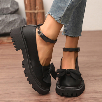 Mocasini cu fundă transfrontalieră pentru femei 2024 Export stil coreean cu talpă groasă cu toc mediu, leneși, stil britanic retro, pantofi mici din piele pentru femei