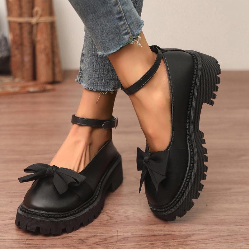 Mocasini cu fundă transfrontalieră pentru femei 2024 Export stil coreean cu talpă groasă cu toc mediu, leneși, stil britanic retro, pantofi mici din piele pentru femei