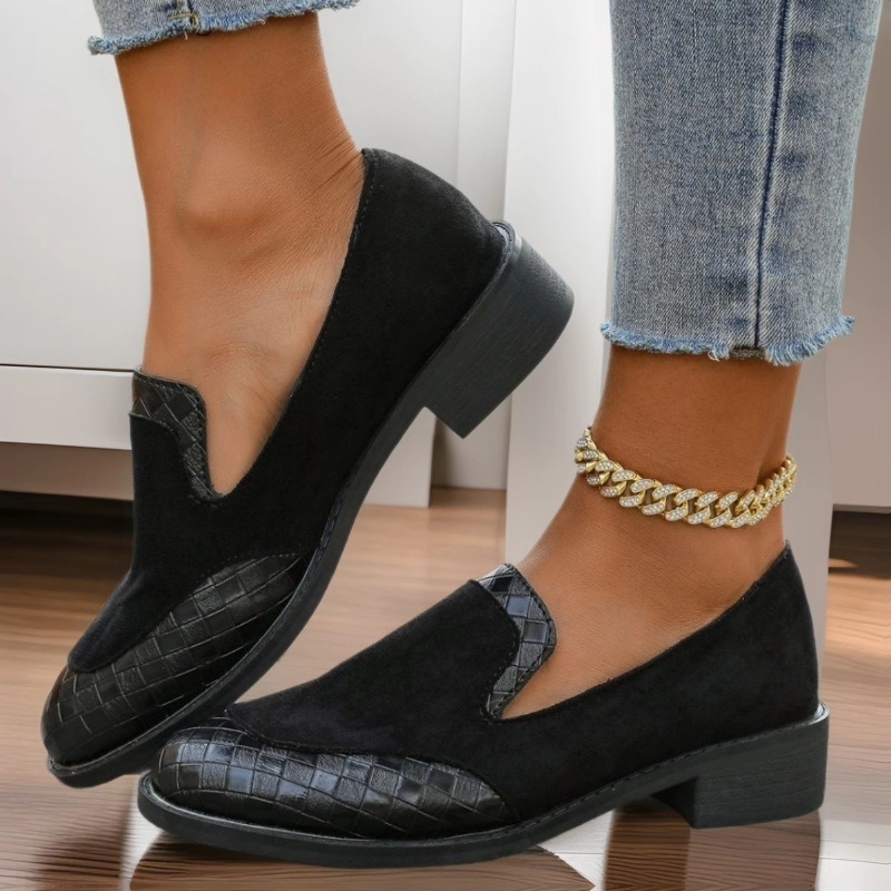 Pantofi retro lucrați manual pentru femei, cu toc gros, vârf rotund, vară 2025, export transfrontalier, mărime mare, mocasini din piele întoarsă, cu talpă joasă, en-gros