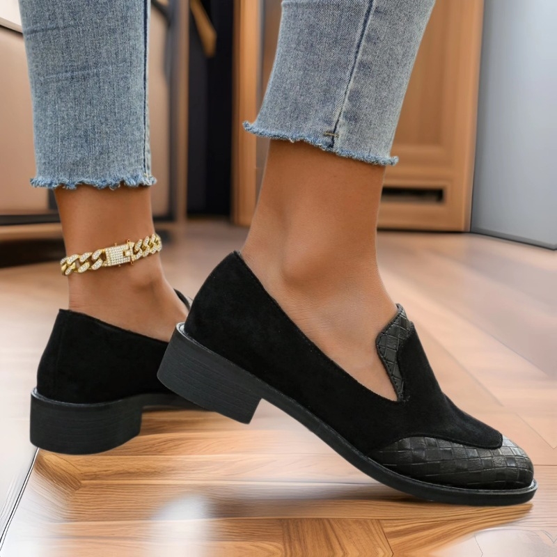 Pantofi retro lucrați manual pentru femei, cu toc gros, vârf rotund, vară 2025, export transfrontalier, mărime mare, mocasini din piele întoarsă, cu talpă joasă, en-gros