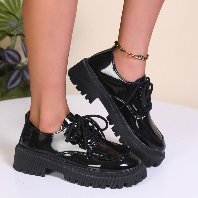 Pantofi de damă cu toc mediu și talpă groasă, cu toc gros, de primăvară și toc, mici, din piele, stil britanic, comerț exterior, mărime mare, cu vârf rotund și dantelă, 2025