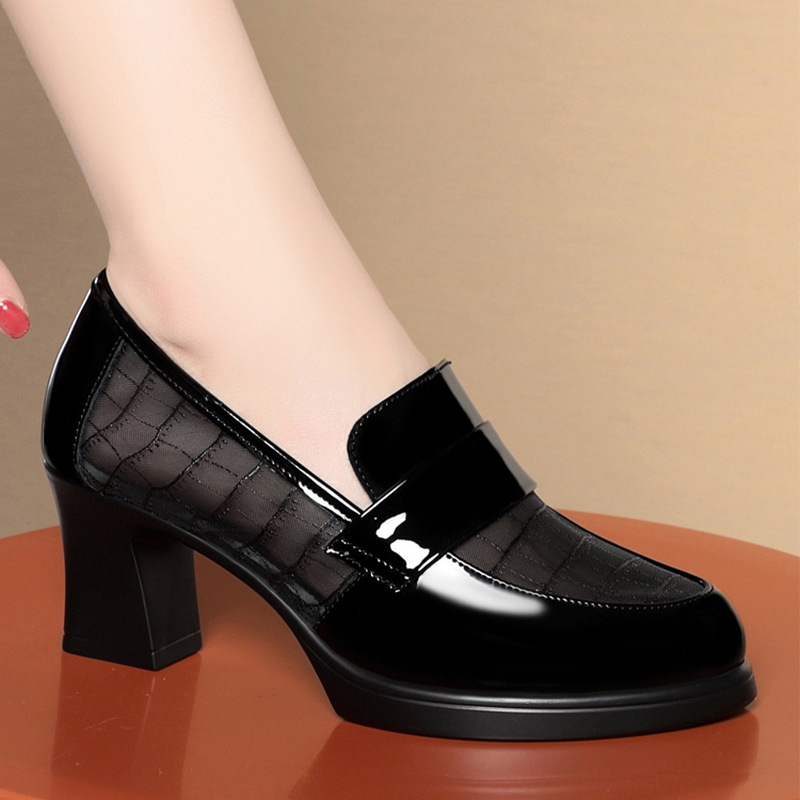 Modne mrežaste visoke pete za žene 2024. Ljeto šuplje cipele od prave mekane kože, srednje visoke pete, mekana koža, meki potplat, mokasinke s debelom petom