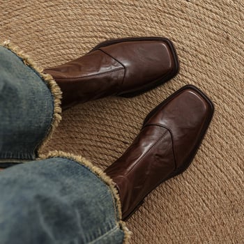 Doamnă elegantă de 3,5 cm! ~ Piele de oaie spălată cu straturi de piele ~ Cizme Martin noi la modă, cu toc gros și fermoar pătrat, pentru slăbire