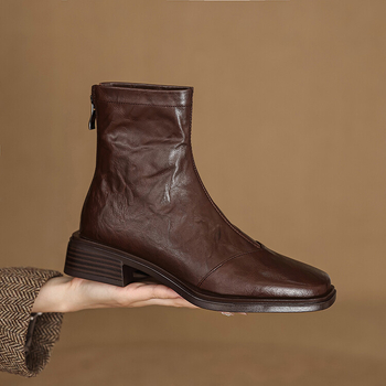 Doamnă elegantă de 3,5 cm! ~ Piele de oaie spălată cu straturi de piele ~ Cizme Martin noi la modă, cu toc gros și fermoar pătrat, pentru slăbire