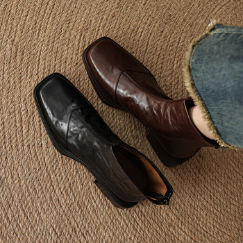 Doamnă elegantă de 3,5 cm! ~ Piele de oaie spălată cu straturi de piele ~ Cizme Martin noi la modă, cu toc gros și fermoar pătrat, pentru slăbire