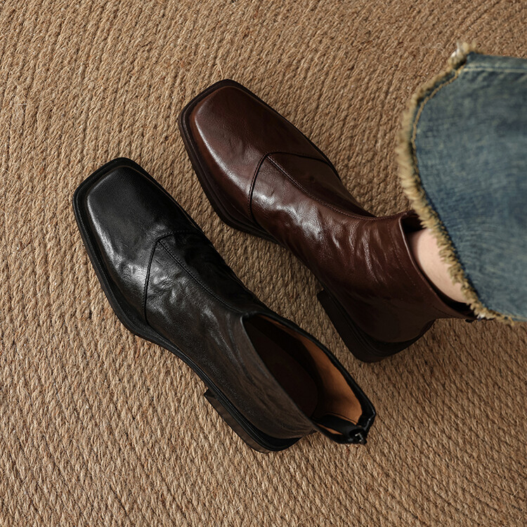 Doamnă elegantă de 3,5 cm! ~ Piele de oaie spălată cu straturi de piele ~ Cizme Martin noi la modă, cu toc gros și fermoar pătrat, pentru slăbire