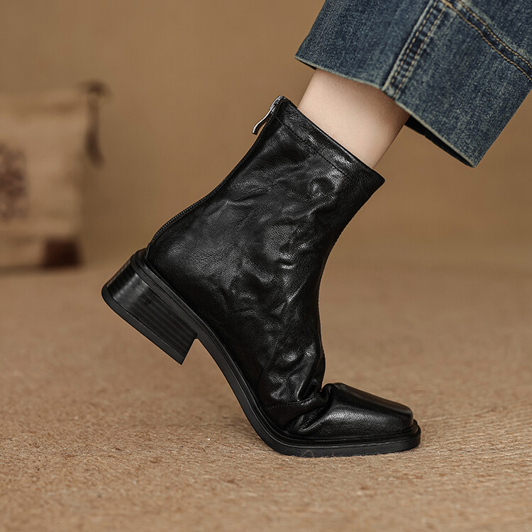 Doamnă elegantă de 3,5 cm! ~ Piele de oaie spălată cu straturi de piele ~ Cizme Martin noi la modă, cu toc gros și fermoar pătrat, pentru slăbire