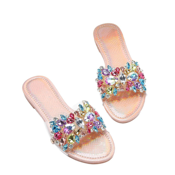 Γυναικείες παντόφλες εξωτερικού εμπορίου με διαμάντια, ροζ χρυσό, πολυτελή γοητεία, στρογγυλή μύτη, επίπεδη σόλα, άνετες, αντιολισθητικές