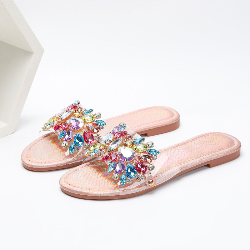 Prekogranične vanjske trgovine, ženske papuče s dijamantima i dragim kamenjem od ružičastog zlata, luksuzni privjesak, okrugli vrh, ravno dno, udobne, neklizajuće ženske papuče