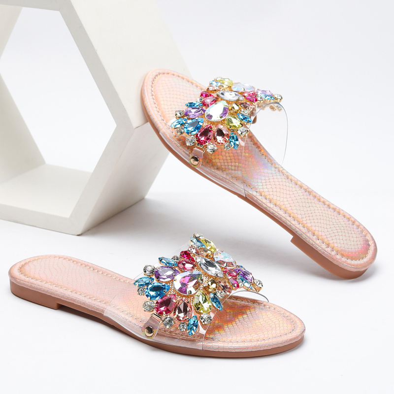 Prekogranične vanjske trgovine, ženske papuče s dijamantima i dragim kamenjem od ružičastog zlata, luksuzni privjesak, okrugli vrh, ravno dno, udobne, neklizajuće ženske papuče