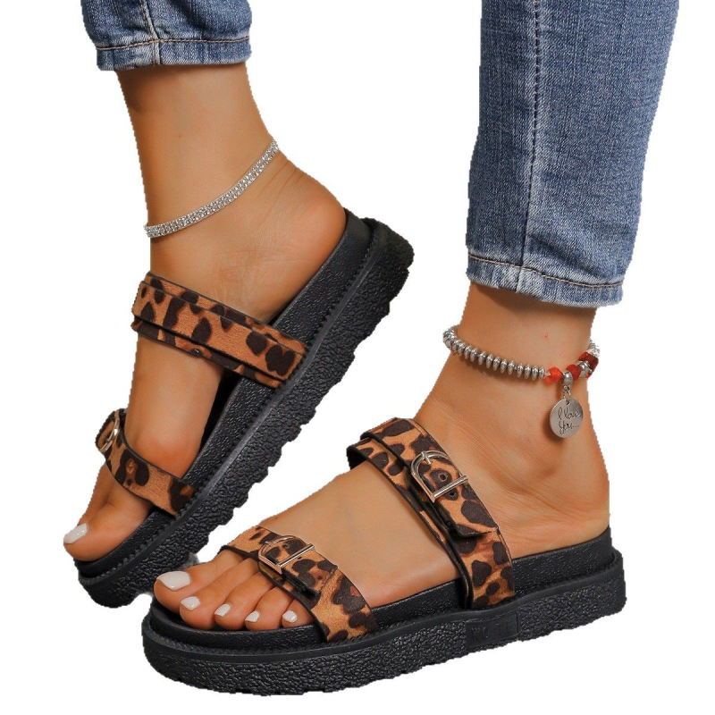 Sandale de plajă romane casual la modă, europene și americane, transfrontaliere, de dimensiuni mari, cu talpă groasă, cu vârf rotund, cu imprimeu leopard, cu cataramă, gata de vânzare