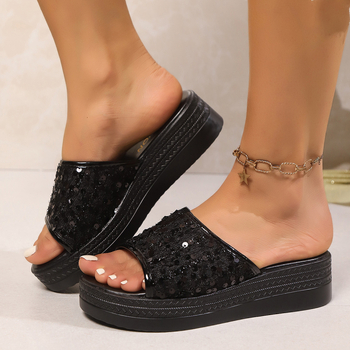Papuci transfrontalieri cu paiete, europeni și americani, cu un singur cuvânt, pentru femei, cu vârful deschis, vara 2025, sandale noi cu fund gros, mărime plus, en-gros