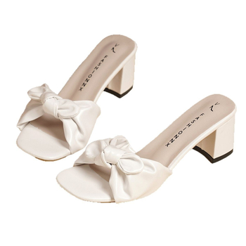 Παντόφλες Κορεάτικου Στυλ με Χοντρό Τακούνι, Γυναικεία Καλοκαιρινά Σανδάλια Fashion Style με Φιόγκο, Γυναικεία Σανδάλια με Μέσο Τακούνι