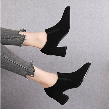 Γυναικεία παπούτσια με βαθύ στόμα και χοντρό τακούνι, με σπασμένα μεγέθη, 2024, νέα, μυτερά σουέτ, μαύρα, ψηλοτάκουνα γυναικεία παπούτσια, αντιολισθητικά