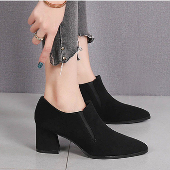 Γυναικεία παπούτσια με βαθύ στόμα και χοντρό τακούνι, με σπασμένα μεγέθη, 2024, νέα, μυτερά σουέτ, μαύρα, ψηλοτάκουνα γυναικεία παπούτσια, αντιολισθητικά