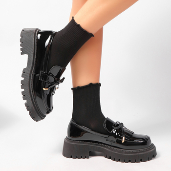 Μαύρα Βρετανικά Μικρά Δερμάτινα Παπούτσια Γυναικεία με Χοντρό Τακούνι 25 Άνοιξη Νέο Στυλ Slip-on με Φιόγκο Διακοσμητικά Μοκασίνια και Στρογγυλή Μύτη Γυναικεία Παπούτσια