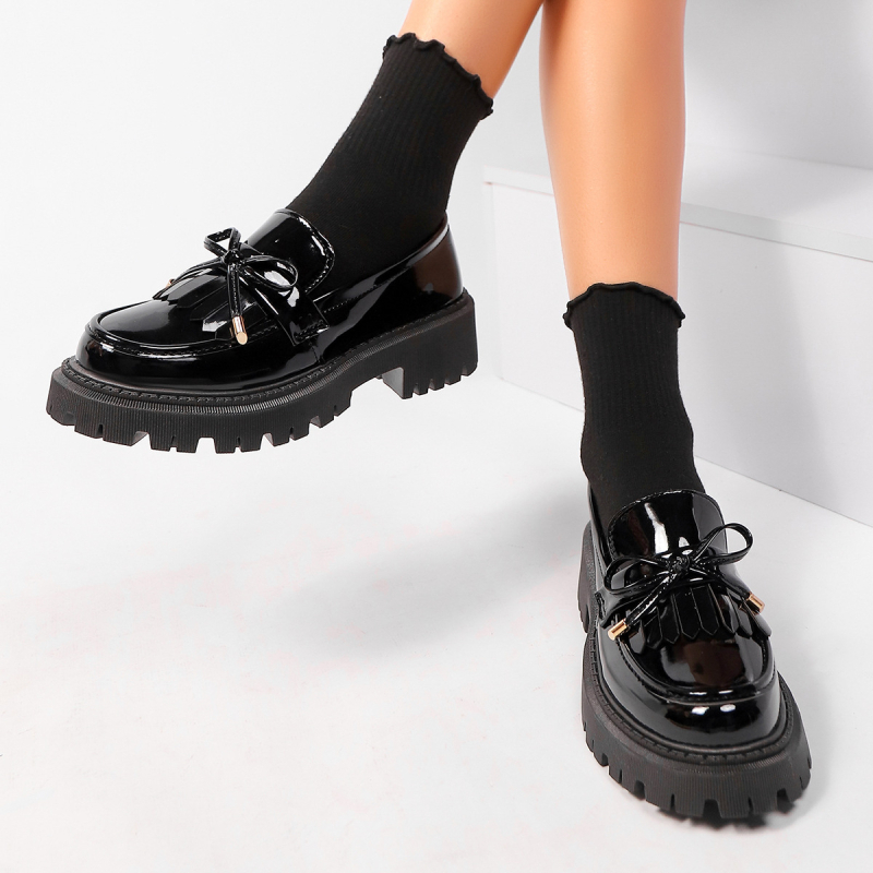 Fekete brit kis bőr női cipő, vastag sarkú, 25-ös tavaszi új stílusú, bebújós, masnis, díszes mokaszin, kerek orrú női cipők