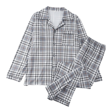 Vyriškas laisvas didelių dydžių megztinis su pižama, ilgomis rankovėmis, šviesiai pilkas, languotas pavasario ir rudens namų aprangos komplektas