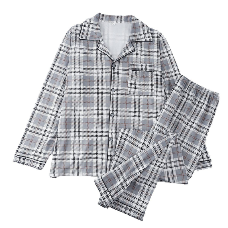 Vyriškas laisvas didelių dydžių megztinis su pižama, ilgomis rankovėmis, šviesiai pilkas, languotas pavasario ir rudens namų aprangos komplektas