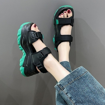 Νέα καλοκαιρινά παπούτσια με χοντρή σόλα και πλατφόρμα, αντιολισθητική, στρογγυλή μύτη, ανοιχτά δάχτυλα, γυναικεία ψηλοτάκουνα πέδιλα Super Fire με velcro, γυναικεία παπούτσια