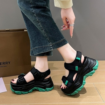 Νέα καλοκαιρινά παπούτσια με χοντρή σόλα και πλατφόρμα, αντιολισθητική, στρογγυλή μύτη, ανοιχτά δάχτυλα, γυναικεία ψηλοτάκουνα πέδιλα Super Fire με velcro, γυναικεία παπούτσια