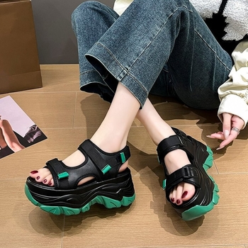 Νέα καλοκαιρινά παπούτσια με χοντρή σόλα και πλατφόρμα, αντιολισθητική, στρογγυλή μύτη, ανοιχτά δάχτυλα, γυναικεία ψηλοτάκουνα πέδιλα Super Fire με velcro, γυναικεία παπούτσια