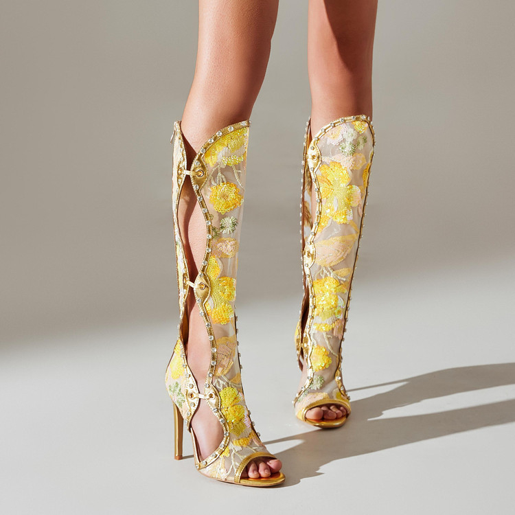 Sandale cu toc înalt, populare, cu design gol, pentru comerț exterior, aurii, transfrontaliere, pentru femei, cizme de modă pentru adulți, care comandă femei