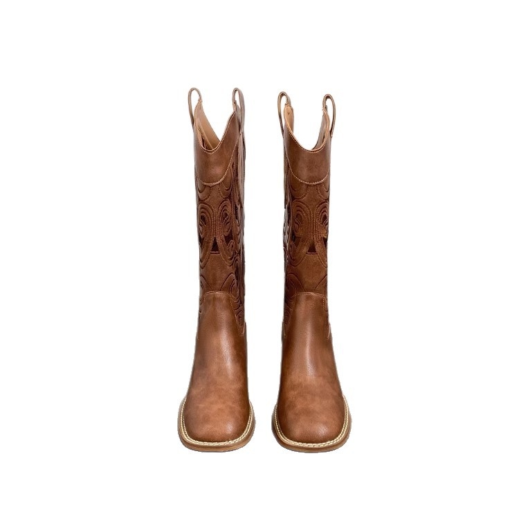 Cizme de cowboy western retro maro pentru femei 2025, cizme noi până la jumătatea gambei, cizme de deșert elegante și brodate la modă