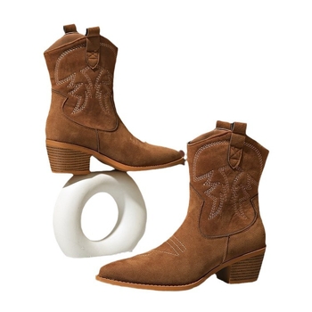 Cizme pentru femei 2024 toamna și iarna noi cu gura în V, mânecă brodată, toc gros, cizme de cavaler, retro, cu butuc mediu, ascuțit, cizme occidentale de taur