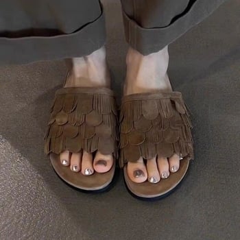 Versiune din piele moale ~ Pantofi de plajă în stil retro, cu ciucuri, cu vârf rotund și vârf deschis, papuci de plajă