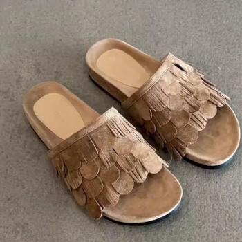 Versiune din piele moale ~ Pantofi de plajă în stil retro, cu ciucuri, cu vârf rotund și vârf deschis, papuci de plajă