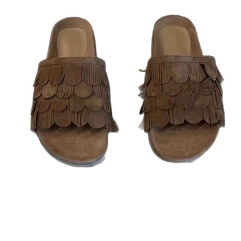 Versiune din piele moale ~ Pantofi de plajă în stil retro, cu ciucuri, cu vârf rotund și vârf deschis, papuci de plajă