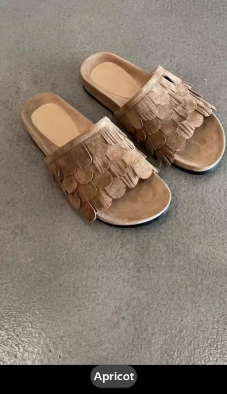 Versiune din piele moale ~ Pantofi de plajă în stil retro, cu ciucuri, cu vârf rotund și vârf deschis, papuci de plajă